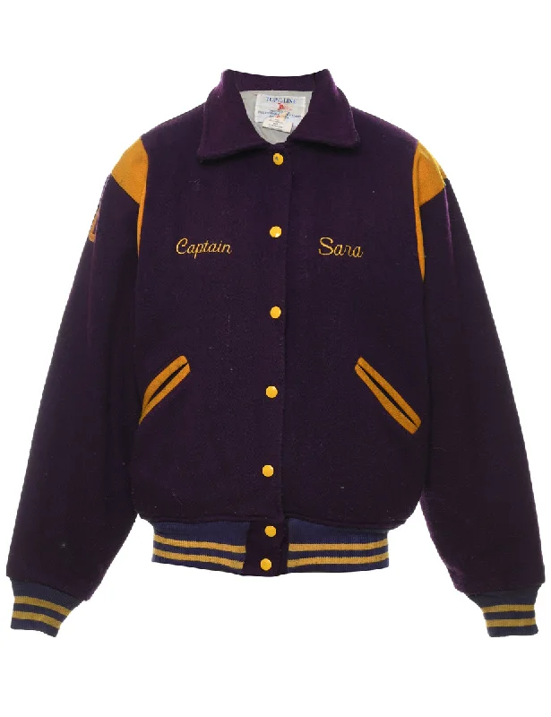 Purple & Yellow Embroidered 1980s Christian Academy Cheerleading Varsity Jacket - M Print Jacket Jacquard Jacket Embroidered Jacket