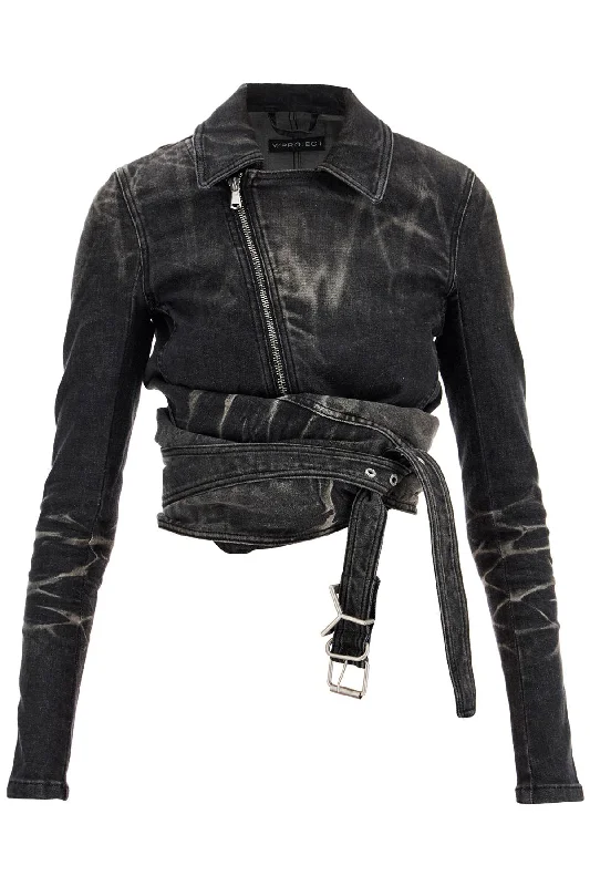 denim jacket with criss-cross belt 107JA002 D18 FADED BLACK Zippered Jacket Buttoned Jacket Snapped Jacket