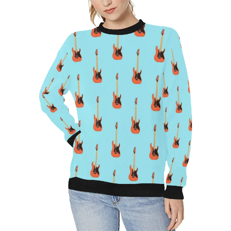 electric guitar pattern light blue background Women's Crew Neck Sweatshirt Hoodie Dress Longline Feminine