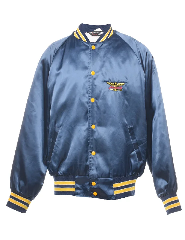 Navy & Yellow Contrast Embroidered Silky Bomber Jacket - L Snapped Jacket Toggled Jacket Drawstring Jacket