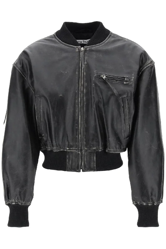 aged leather bomber jacket with distressed treatment A70171 BLACK Front Pockets Side Pockets Patch Pockets