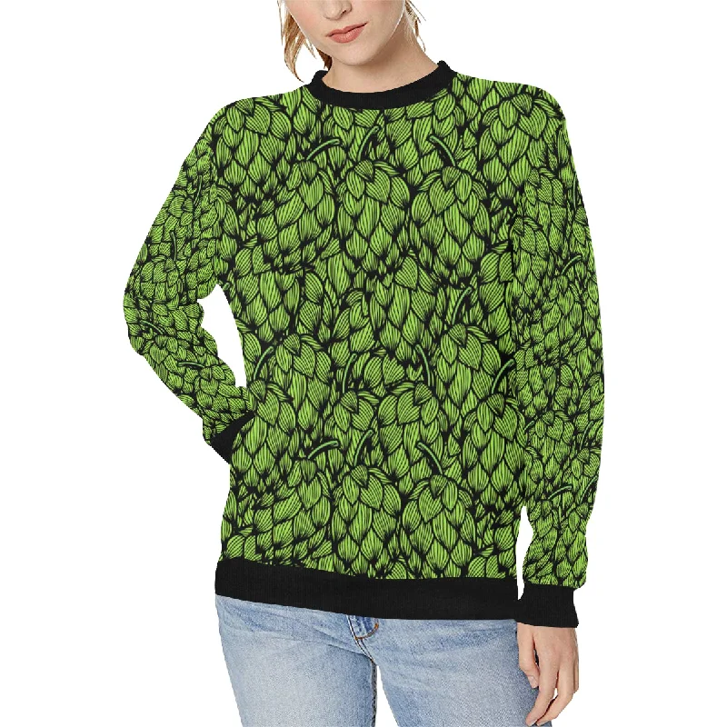 Green hop pattern Women's Crew Neck Sweatshirt Hoodie with Ribbed Neckline Snug Warm