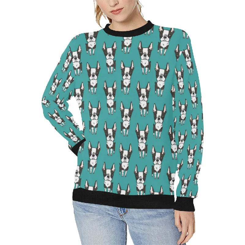 Hand drawn boston terrier dog pattern Women's Crew Neck Sweatshirt Hoodie with Cuffed Sleeves Snug Secure