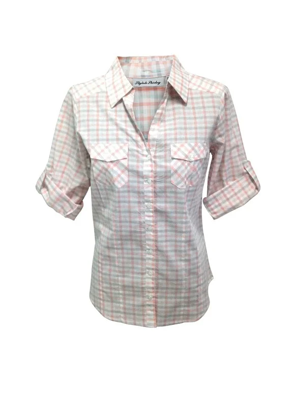 Ladies Light Weight Cotton Plaid Shirt, 3/4 Sleeve With Roll Tab.  Sage/Peach. Style# 5072 Oversized T-Shirt Spandex breathable