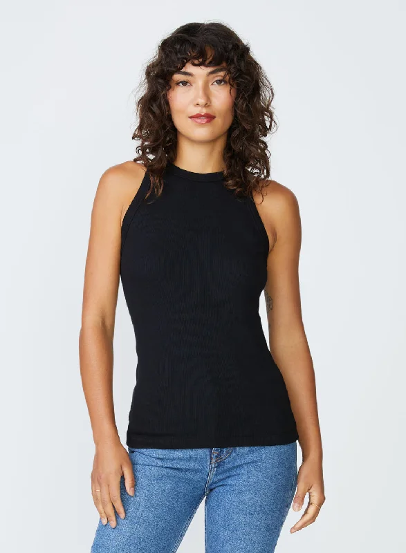 Stateside 2X1 Rib High-Neck Tank in Black cold shoulder tank