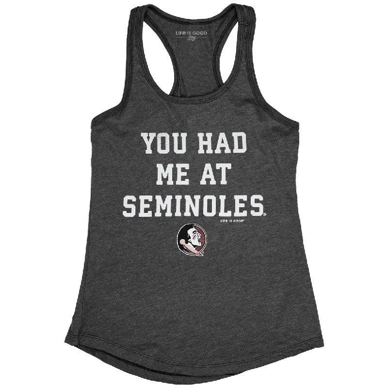 Blue 84 Women's Life is Good You Had Me at Seminoles Racerback Tank - Heathered Black cotton tank top