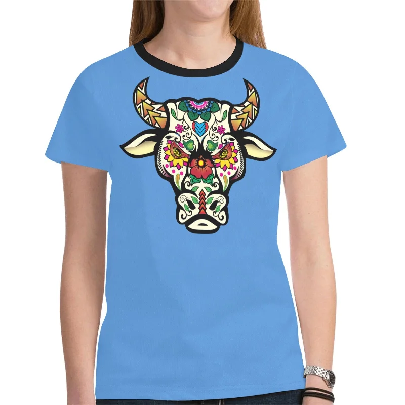 Bull Spirit Guide (Blue) T-shirt for Women Ribbed T-Shirt High Neck Heavyweight