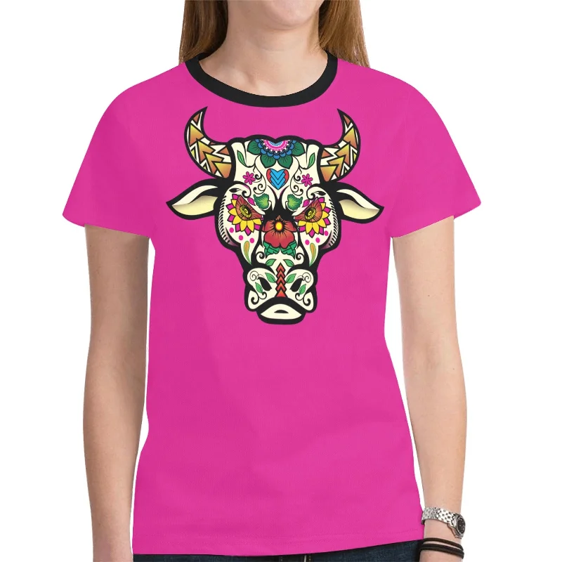 Bull Spirit Guide (Pink) T-shirt for Women Collared Crew Neck Turtle Neck