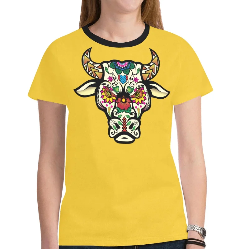 Bull Spirit Guide (Yellow) T-shirt for Women Print Jacquard Patchwork