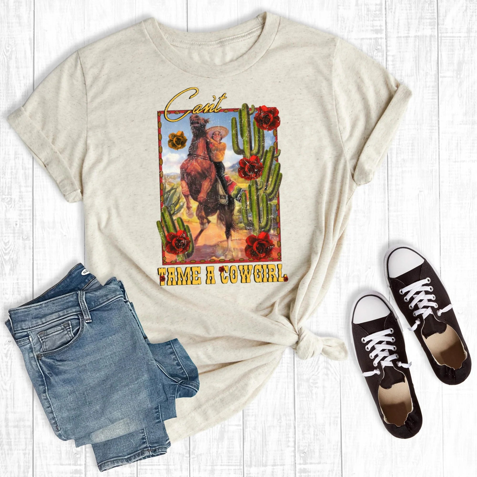 Can't Tame a Cowgirl Tee Houndstooth Herringbone Solid