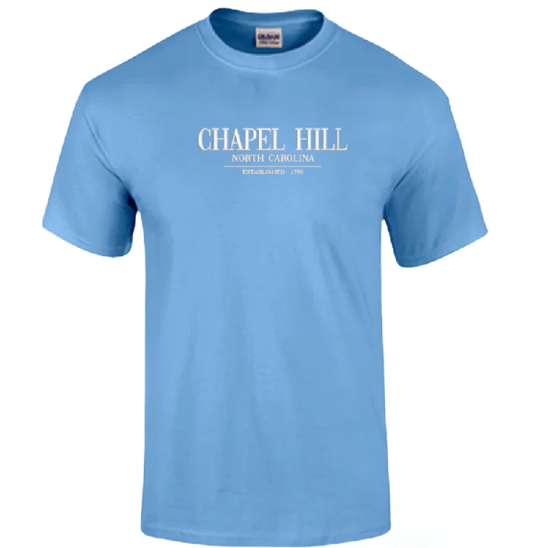 Chapel Hill Embroidered Chill T-shirt in Carolina Blue Ribbed Striped Patterned