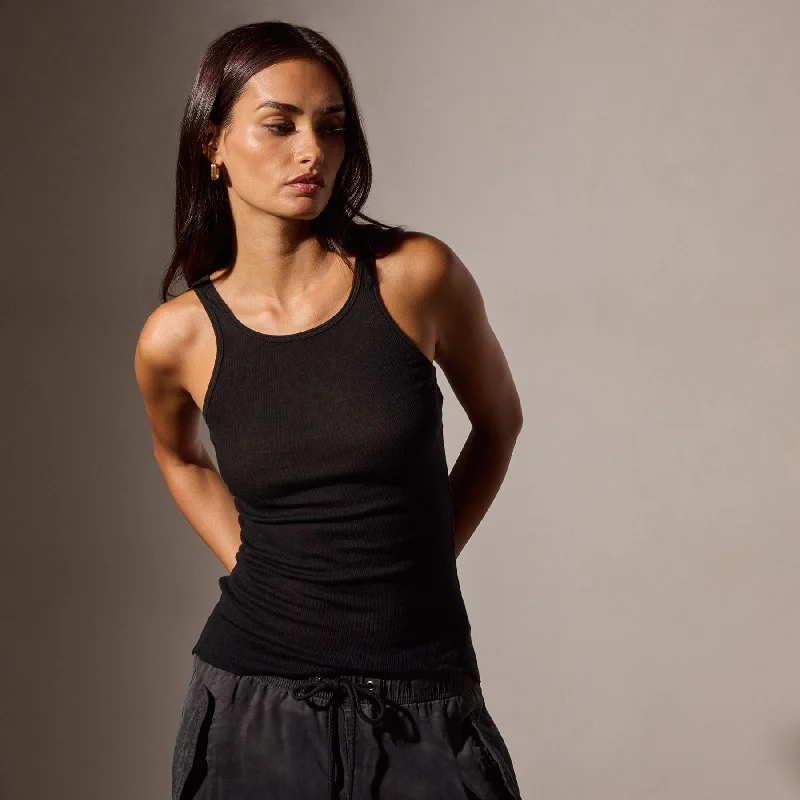 Cotton Cashmere Blend Ribbed Tank - Black one shoulder tank