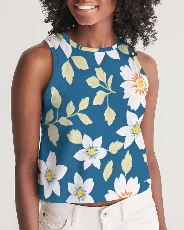 Dark blue background and white flower pattern Women's All-Over Print Cropped Tank flexible tank top