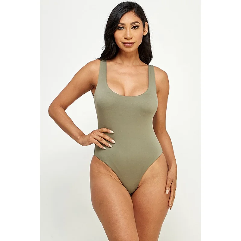 Double Scoop Tank Bodysuit - Faded Olive sexy tank top