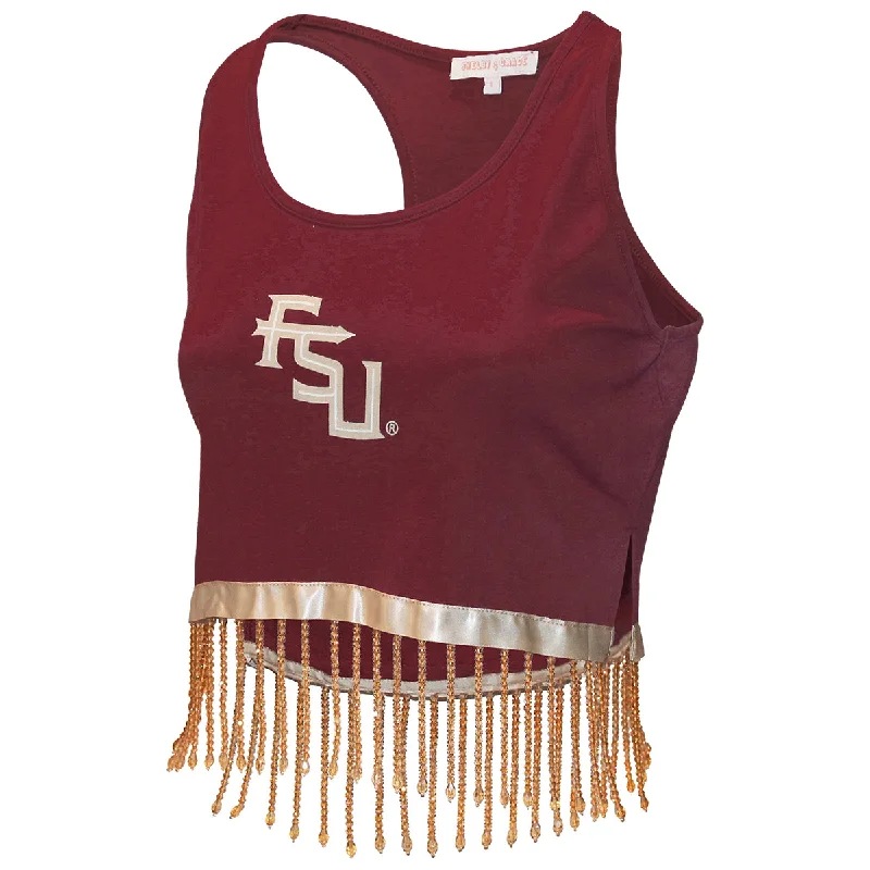 Emerson Street Women's Stacked FSU Glitter Design Rhinestone Fringe Racerback Tank - Garnet/Gold vintage tank top