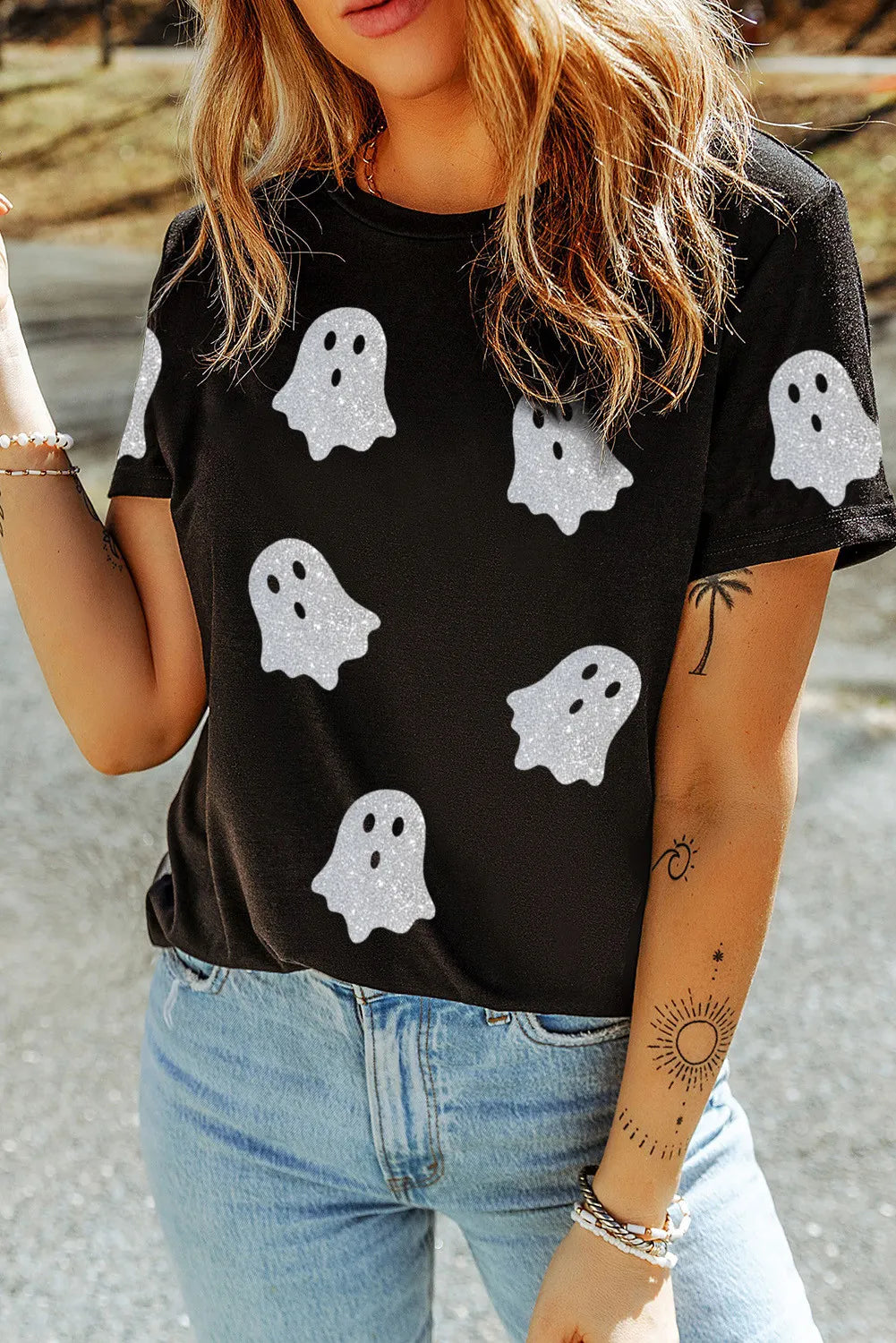 Glitter Ghost Round Neck Short Sleeve T-Shirt Casual Formal Business