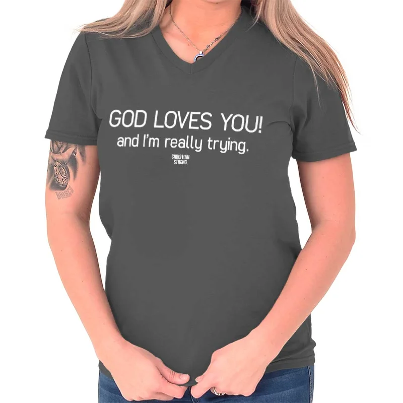 God Loves You V-Neck T Shirt Collared Crew Neck Turtle Neck