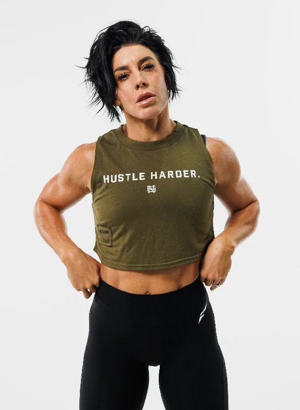 HUSTLE HARDER CROP TANK - OLIVE grey tank top