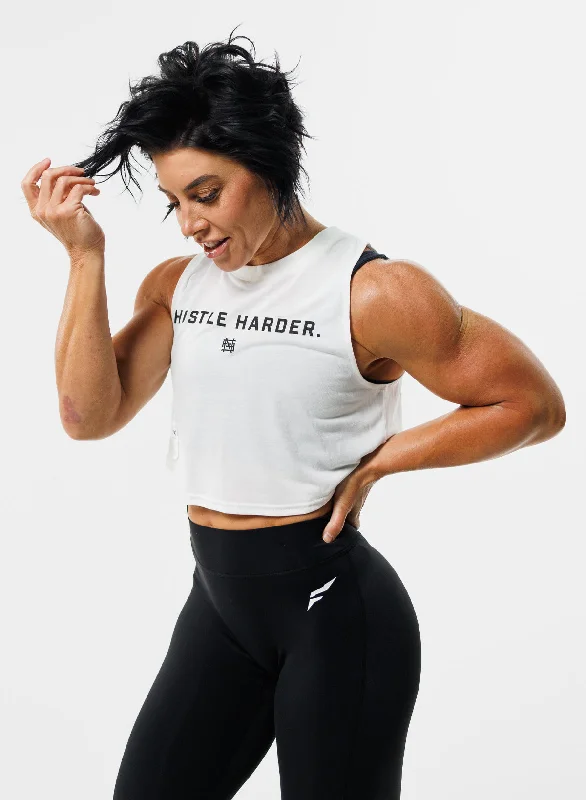 HUSTLE HARDER CROP TANK - WHITE lightweight tank top