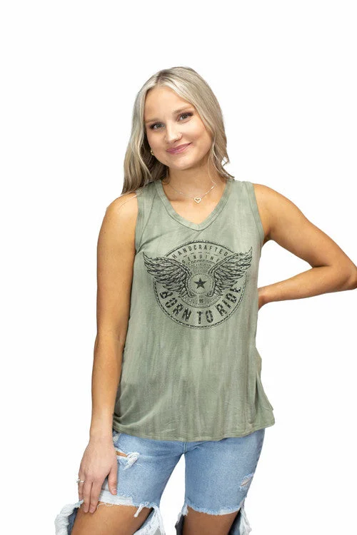 Ladies Tank Top with Stars and Wing Detail 7552 Olive Color gym tank top