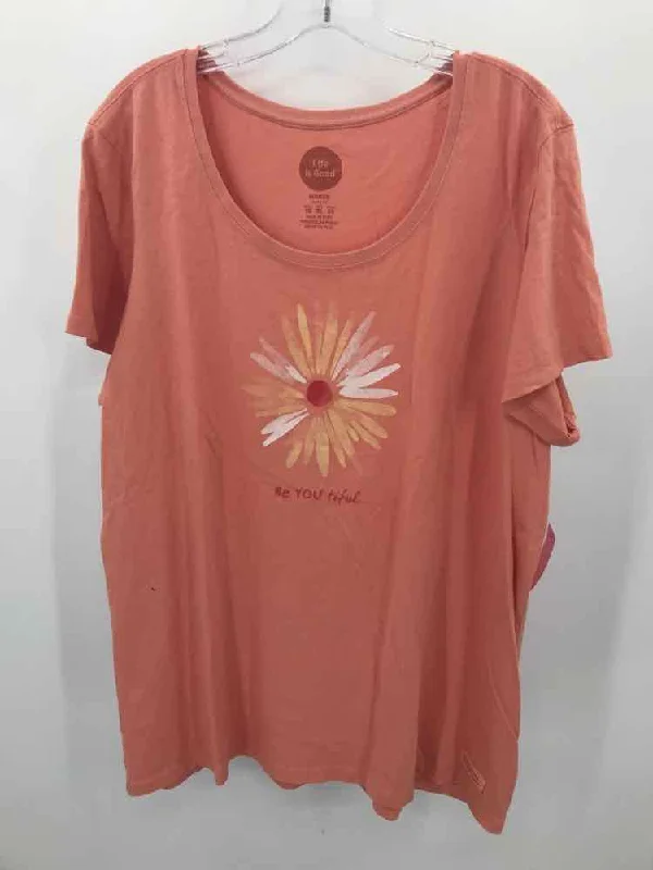 Pre-Owned Life Is Good Orange Size XL Cotton Graphic T-shirt Solid Print Embellished