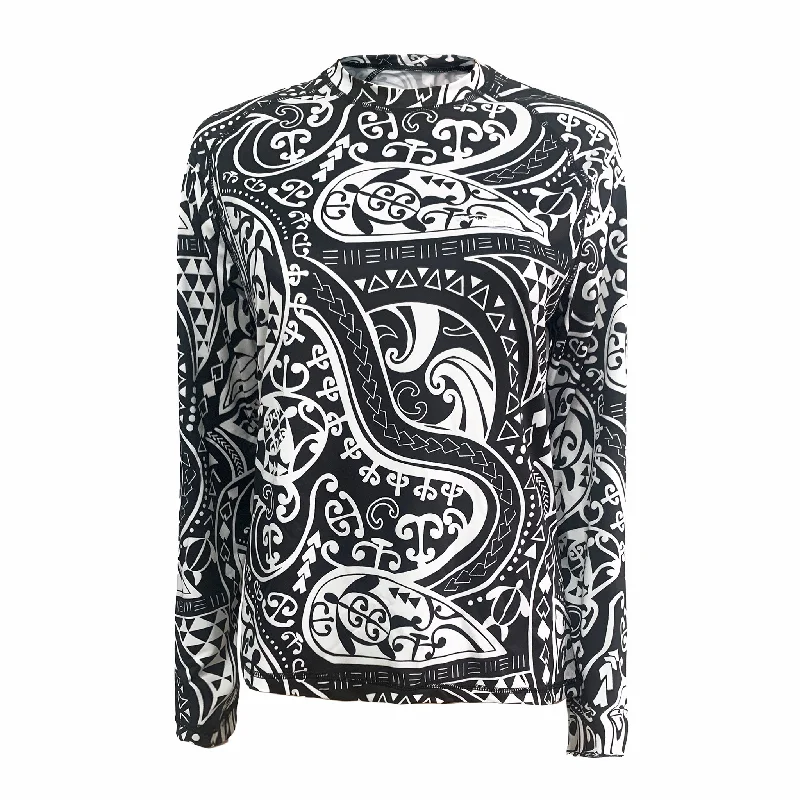 N91-UV2209 (White with black turtle tribal), Women UPF 50+ Sun Protection Outdoor Lightweight Long Sleeve Outdoor Hiking Fishing Running UV Shirt Chenille Blend Fleece Blend Nylon Blend