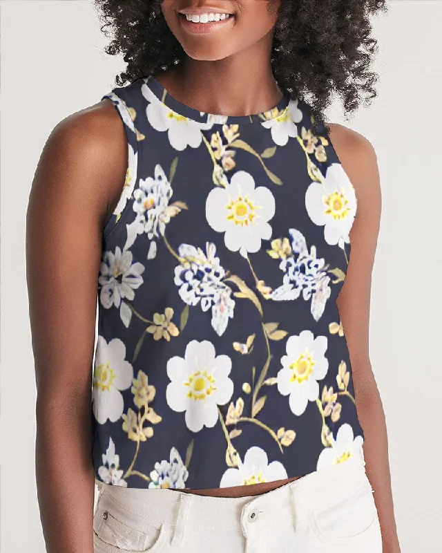 Pink flower black background Women's All-Over Print Cropped Tank pastel tank top