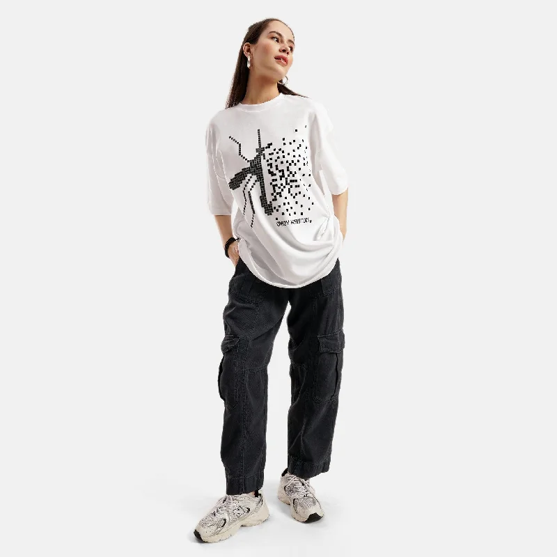 Pixel Mos Oversized Interlock T-Shirt in White - Womens V-Neck T-Shirt Long Sleeve Cotton