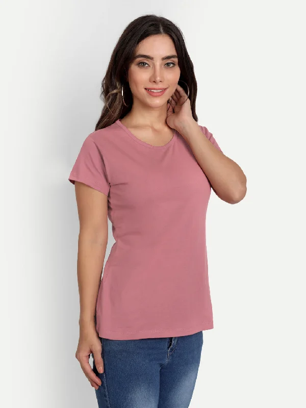 T.T. Women Pink Solid Round Neck Pure Cotton T-shirt Rayon Fabric Velvet Fabric Corduroy Fabric