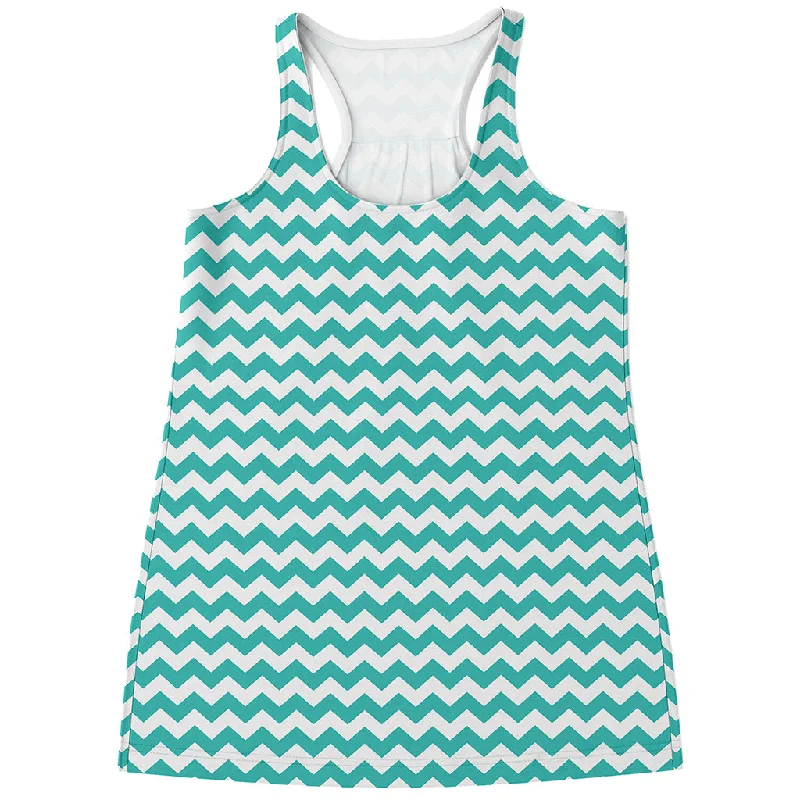 Teal And White Chevron Pattern Print Women's Racerback Tank Top tie dye tank