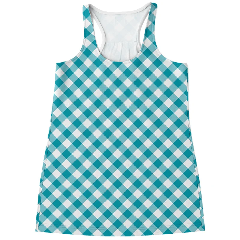 Teal And White Gingham Pattern Print Women's Racerback Tank Top glitter tank top