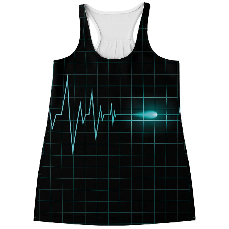 Teal Heartbeat Print Women's Racerback Tank Top solid color tank