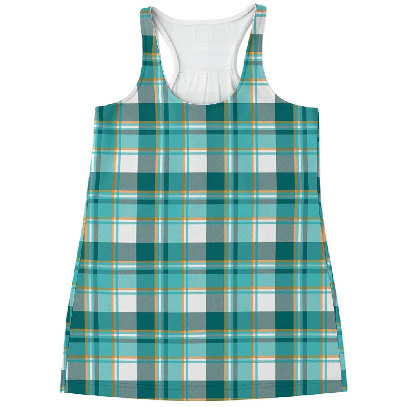 Teal Madras Pattern Print Women's Racerback Tank Top off shoulder tank