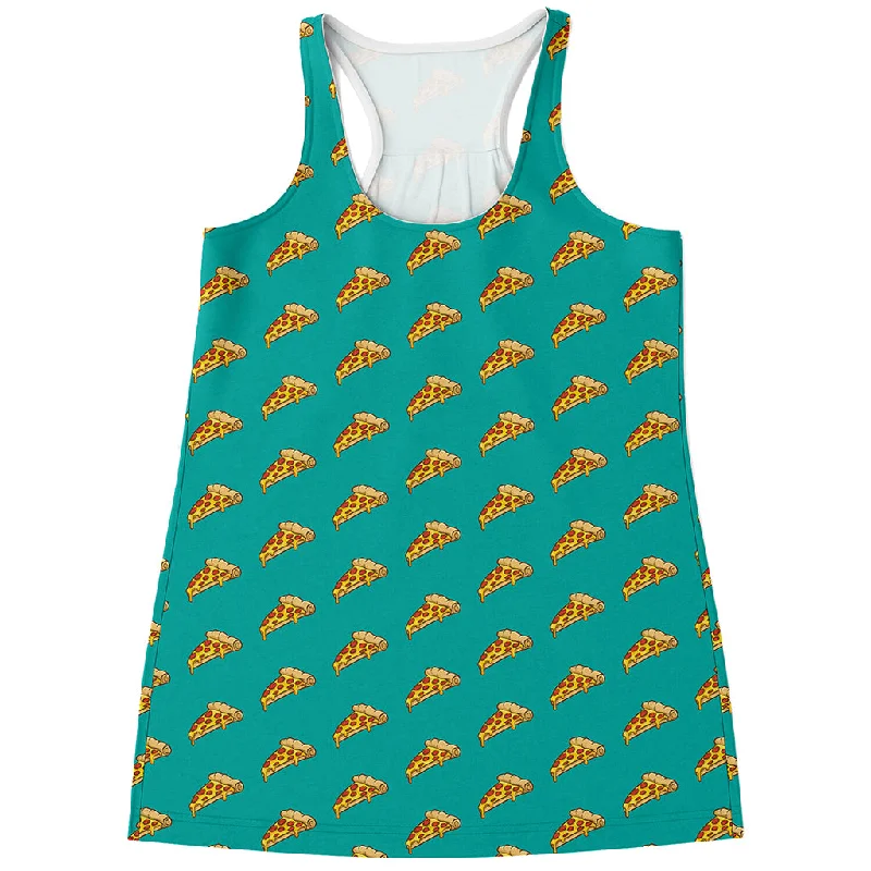 Teal Pizza Pattern Print Women's Racerback Tank Top spandex blend tank