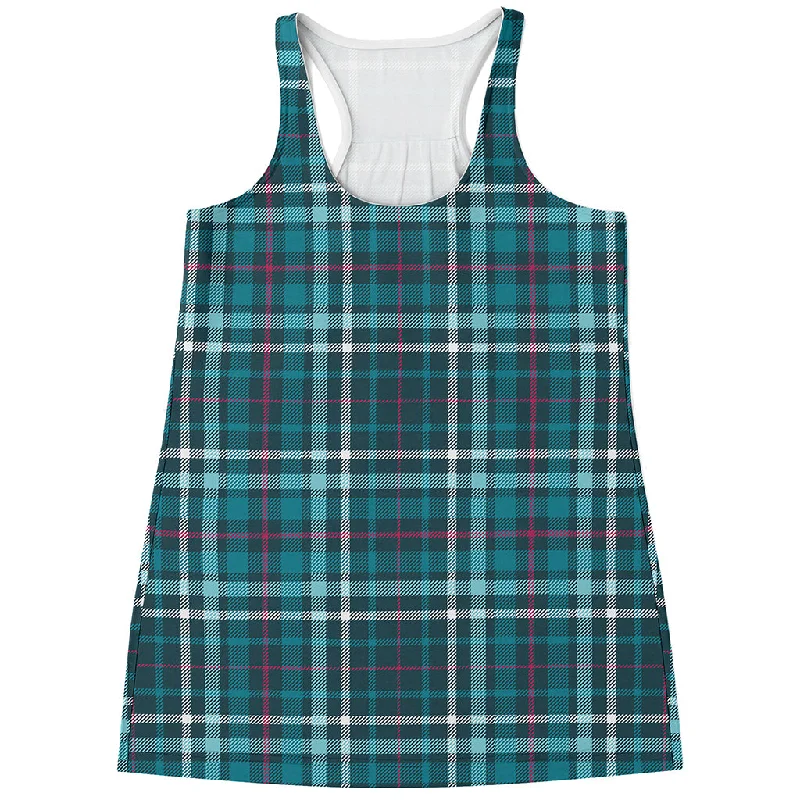 Teal Plaid Pattern Print Women's Racerback Tank Top rhinestone tank top