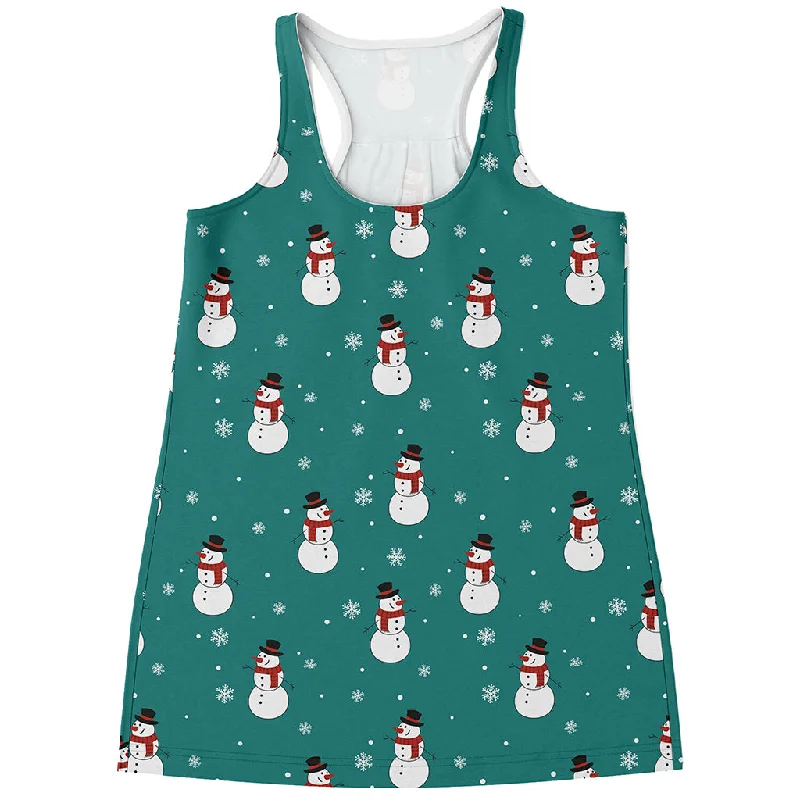 Teal Snowman Pattern Print Women's Racerback Tank Top beige tank top