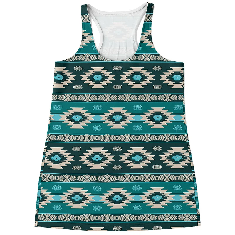 Teal Southwestern Navajo Pattern Print Women's Racerback Tank Top comfortable tank top