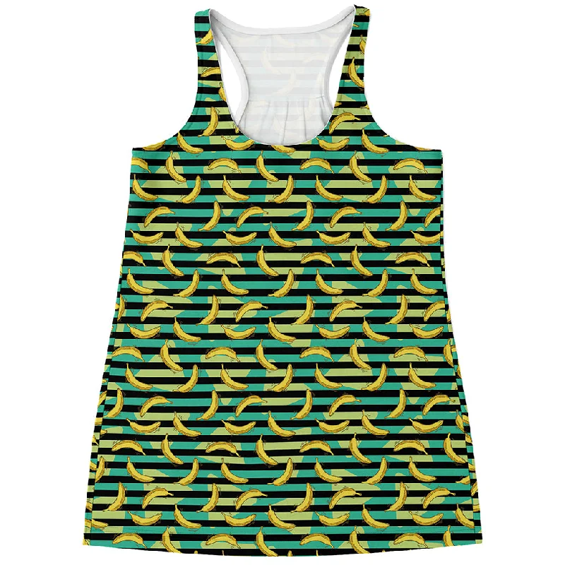 Teal Striped Banana Pattern Print Women's Racerback Tank Top essential tank top