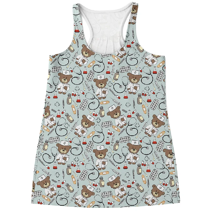 Teddy Bear Doctor Pattern Print Women's Racerback Tank Top crossback tank top