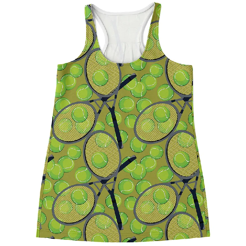 Tennis Ball And Racket Pattern Print Women's Racerback Tank Top rhinestone tank top