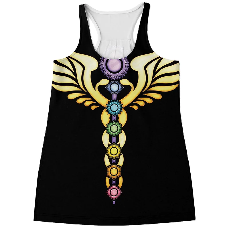 The Seven Chakras Caduceus Print Women's Racerback Tank Top loose fit tank