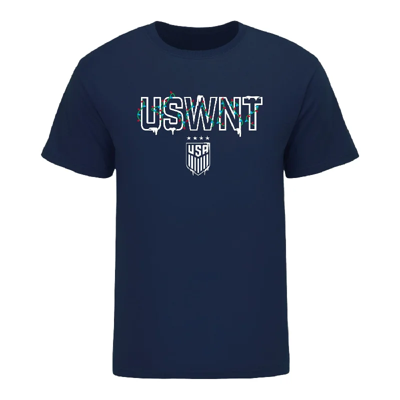 Unisex USWNT Holiday Snowy Lights Navy Tee V-Neck T-Shirt Long Sleeve Cotton