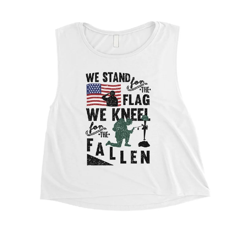 We Stand We Kneel Womens Cute White Crop Tank Top Memorial Day Gift rhinestone tank top