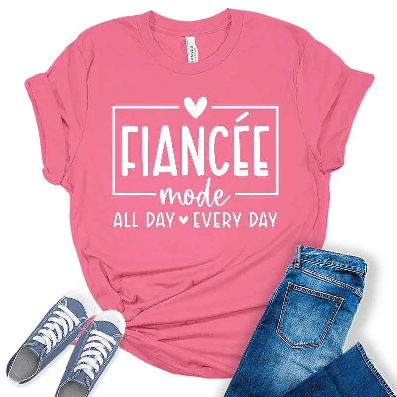 Women's Fiancee Mode All Day Every Day Shirt Cute Bridal Party White Letter Print Graphic Tees Mesh Canvas Denim