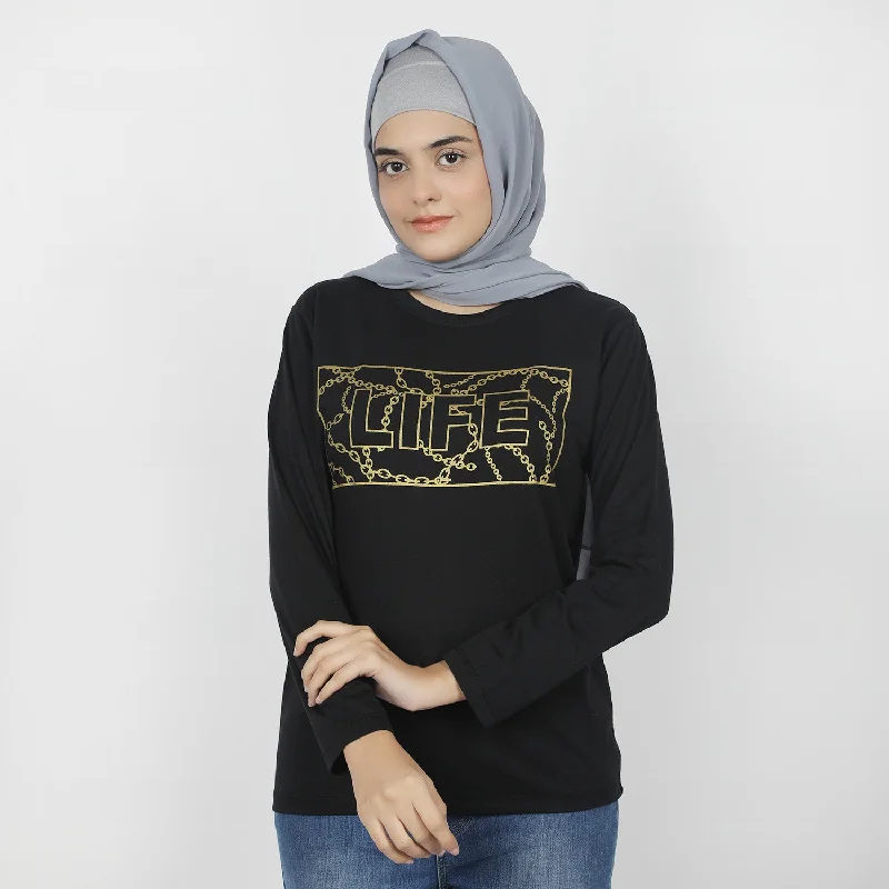 Women's Full Sleeves Printed T-Shirt - Black Zippered Buttoned Snapped