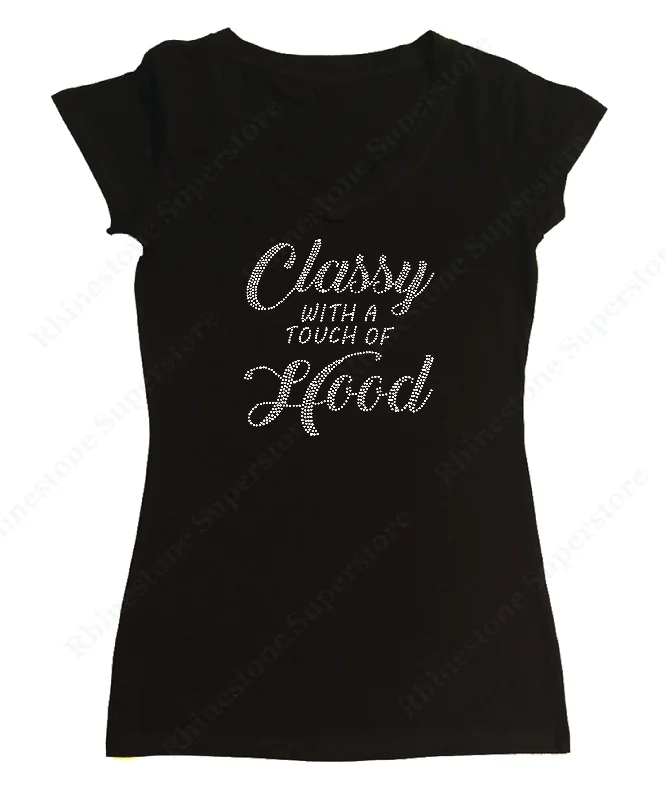 Womens T-shirt with Classy with a Touch of Hood in Rhinestones Print Jacquard Patchwork