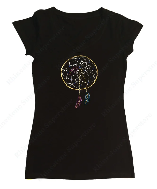 Womens T-shirt with Dream Catcher in Rhinestones Solid Print Embellished