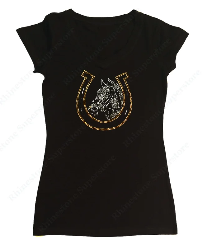 Womens T-shirt with Horse and  Lucky Horseshoe - Equestrian  in Rhinestones Boxy Fit Fitted Loose