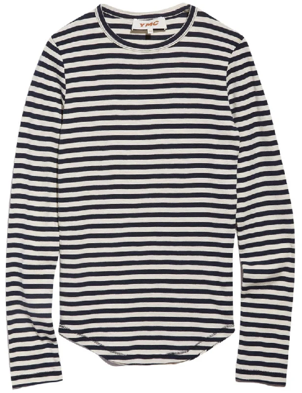 Ymc Earth Charlotte Long Sleeved T-Shirt Navy White Striped Floral Plaid