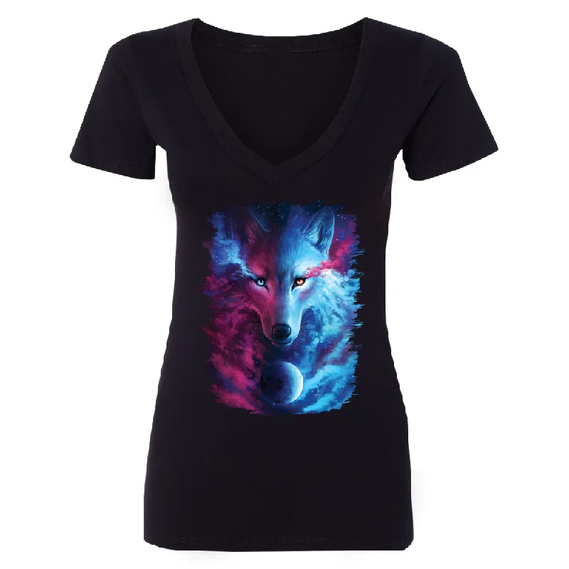 Zexpa Apparel™ Light and Dark Wolf Women's Deep V-neck Where Dark and Light Meet Tee Mesh Blend Leather Blend Suede Blend